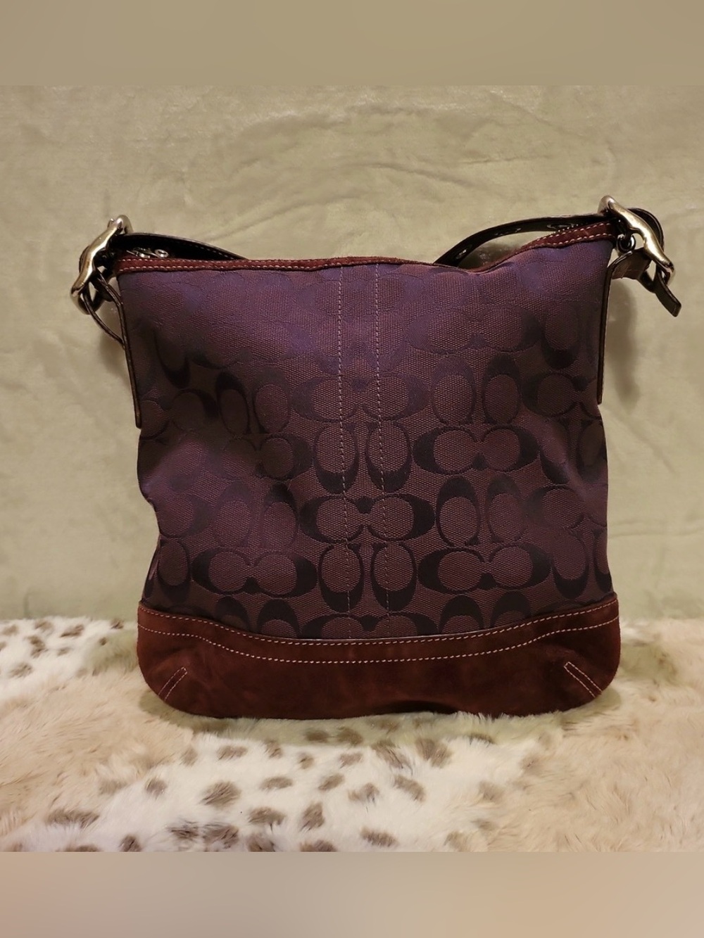 Coach Vintage Signature Jacquard Suede Tassel Slim Duffle Bag Plum 2004